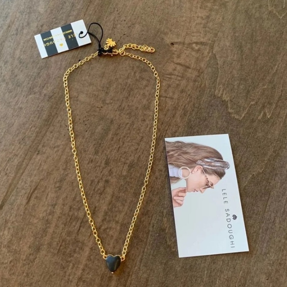 Lele Sadoughi Jet Ashford Heart Charm Necklace - New - Black Heart Gold Chain